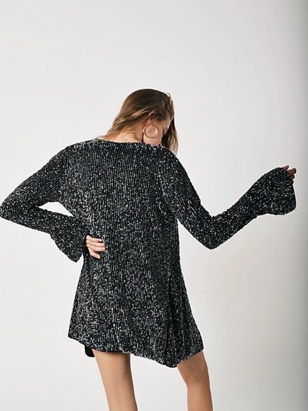 Free People Harley Sequin Jacket Blazer Cardigan Black Silver - size Small